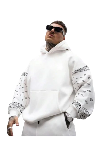 Erkek Kahverengi Kol Desenli Oversize Kapşonlu Sweatshirt - Resim 3