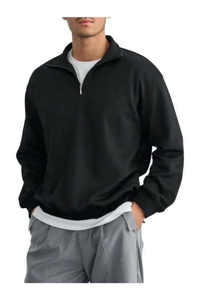 Erkek Yarım Fermuarlı Oversize Polo Yaka Sweatshirt - 2