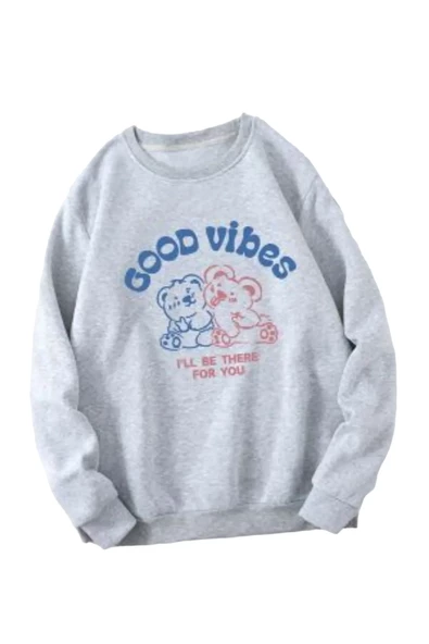 Kadın Gri Good Vibes Bisiklet Yaka Sweatshirt