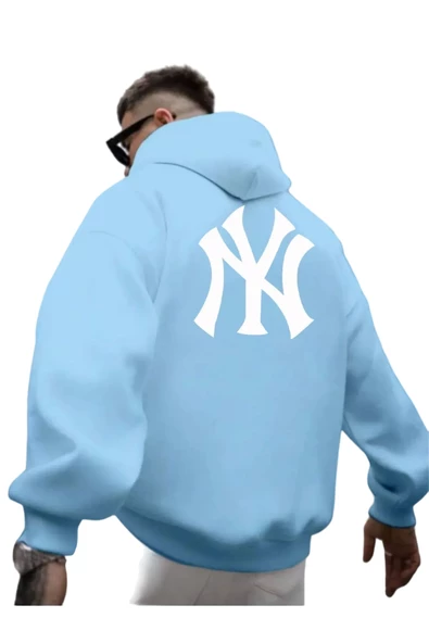 Erkek Ön Arka NY Baskılı Kapüşonlu Sweatshirt - Resim 6