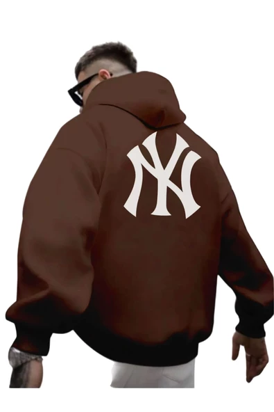 Erkek Ön Arka NY Baskılı Kapüşonlu Sweatshirt - Resim 2