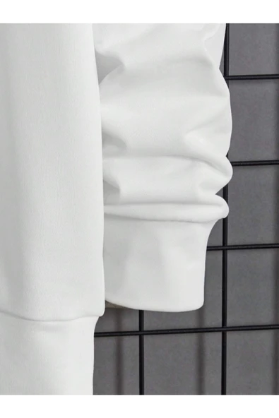 Erkek Beyaz Sırt Hac Baskılı Kapüşonlu Sweatshirt - Resim 5