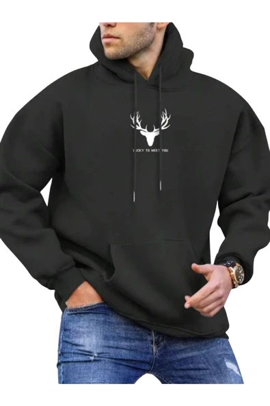 Erkek Geyik Baskı Kapüşonlu Sweatshirt - 3