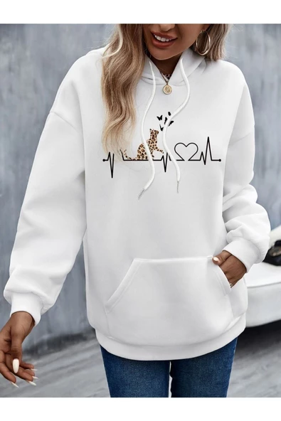 Beyaz Kedi Baskılı Oversize Kapşonlu Sweatshirt - 2
