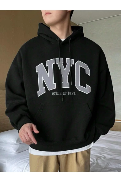 Erkek Siyah Nyc Baskılı Oversize Kapşonlu Sweatshirt - 6