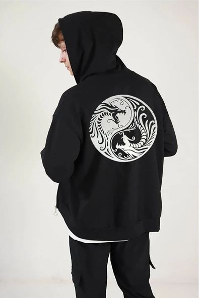 Unisex Siyah Sırt Baskılı Ince Mevsimlik Kapşonlu Oversize Hırka - 4