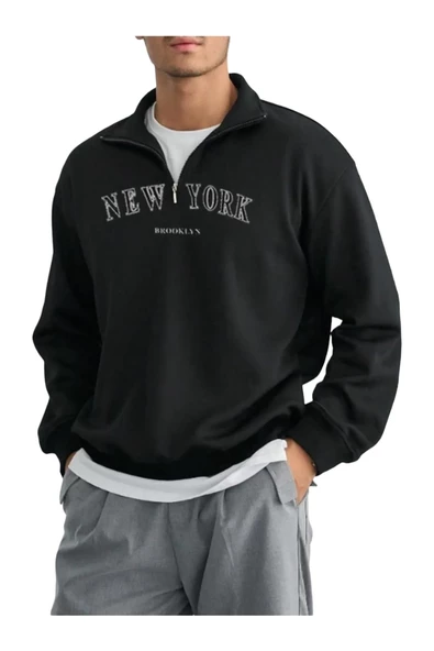 Erkek Siyah New York Baskılı Yarım Fermuarlı Oversize Polo Yaka Sweatshirt