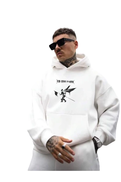 Erkek Linkin Park Baskılı Kapüşonlu Sweatshirt - Resim 6