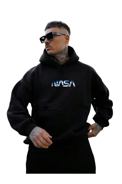 Erkek Nasa Baskılı Kapüşonlu Sweatshirt