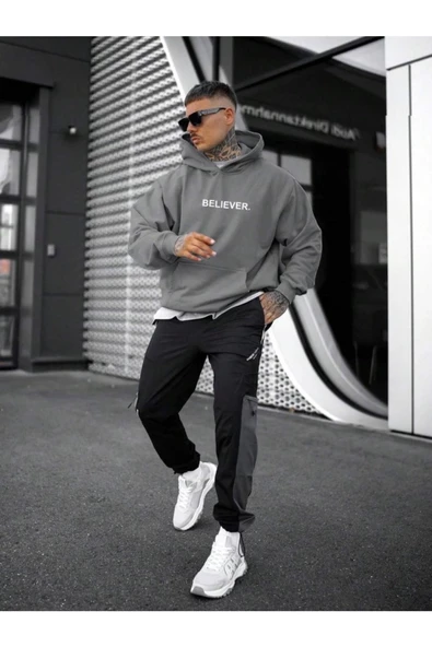 Erkek Believer Baskılı Oversize Kapşonlu Sweatshirt - 12