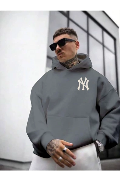 Erkek Ön Arka NY Baskılı Kapüşonlu Sweatshirt - Resim 12