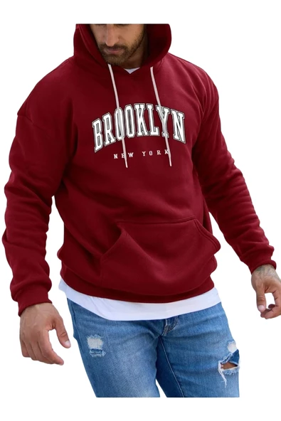 Erkek Brooklyn Baskılı Oversize Kapşonlu Sweatshirt