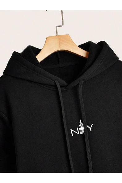 Erkek Siyah New York Baskılı Kapüşonlu Sweatshirt - Resim 4