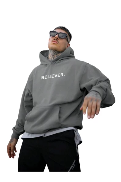 Erkek Believer Baskılı Oversize Kapşonlu Sweatshirt - 3