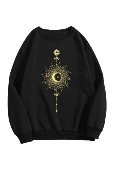 Kadın Siyah Parıltılı Ay Bisiklet Yaka Sweatshirt