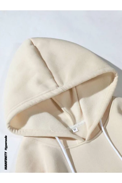 Unisex Bej Sırt Angel Baskı Kapüşonlu Sweatshirt - Resim 4