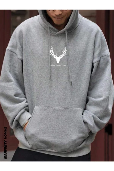 Erkek Geyik Baskı Kapüşonlu Sweatshirt - 8