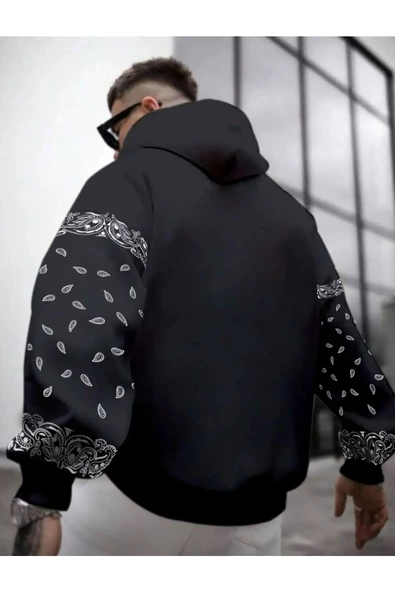 Erkek Kahverengi Kol Desenli Oversize Kapşonlu Sweatshirt - Resim 11