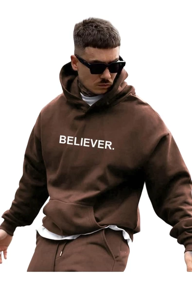 Erkek Believer Baskılı Oversize Kapşonlu Sweatshirt