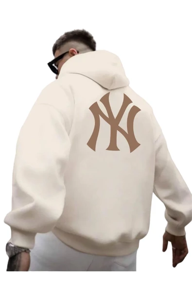Erkek Ön Arka NY Baskılı Kapüşonlu Sweatshirt - Resim 7