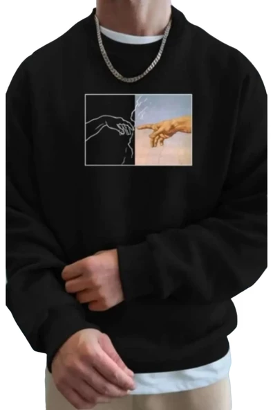 Erkek Siyah El Baskılı Bisiklet Yaka Sweatshirt