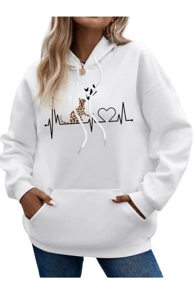 Beyaz Kedi Baskılı Oversize Kapşonlu Sweatshirt