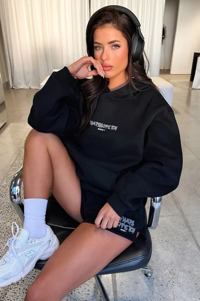 Kadın Thatssofetch Baskılı Oversize Kapşonlu Sweatshirt - 7