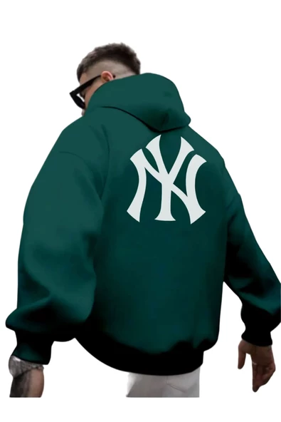Erkek Ön Arka NY Baskılı Kapüşonlu Sweatshirt - Resim 5