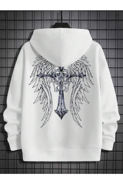Erkek Beyaz Sırt Hac Baskılı Kapüşonlu Sweatshirt - Resim 4