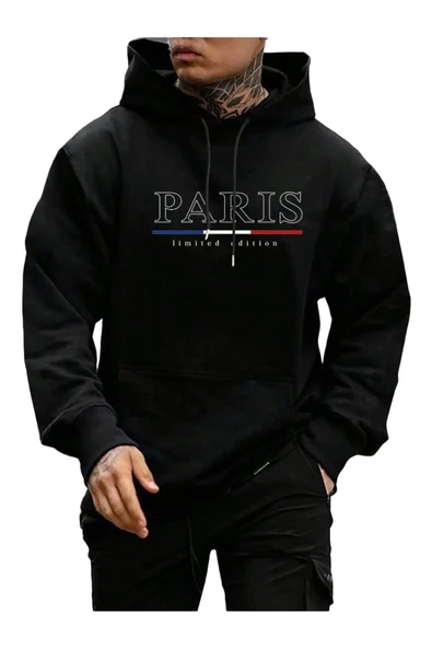 Erkek Siyah Büyük Paris Baskılı Kapüşonlu Sweatshirt