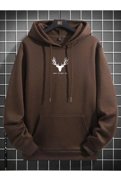 Erkek Geyik Baskı Kapüşonlu Sweatshirt - 4