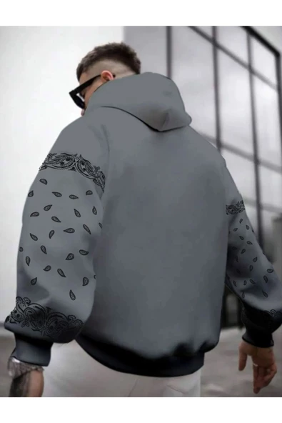 Erkek Kahverengi Kol Desenli Oversize Kapşonlu Sweatshirt - Resim 7