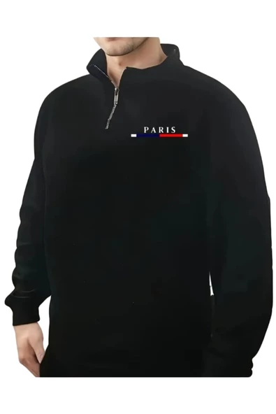 Erkek Paris Baskılı Yarım Fermuarlı Oversize Sweatshirt - 2