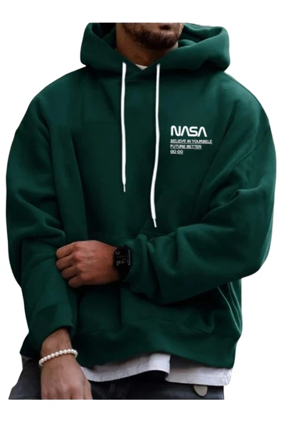Erkek Nasa Yazı Detay Baskılı Kapüşonlu Sweatshirt - Resim 3