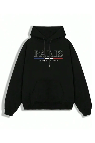 Erkek Siyah Büyük Paris Baskılı Kapüşonlu Sweatshirt - 4