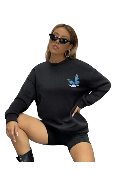 Kadın Kelebek Bisiklet Yaka Sweatshirt - 2