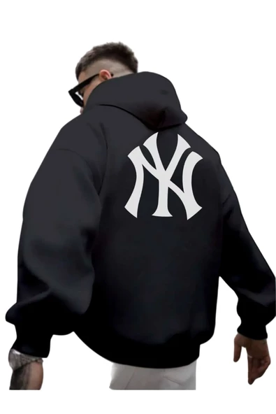 Erkek Ön Arka NY Baskılı Kapüşonlu Sweatshirt - Resim 4
