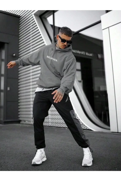 Erkek Believer Baskılı Oversize Kapşonlu Sweatshirt - 11