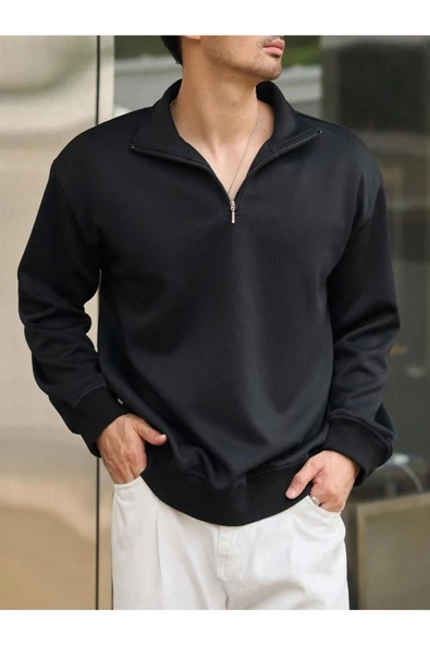 Erkek Yarım Fermuarlı Oversize Polo Yaka Sweatshirt - 7