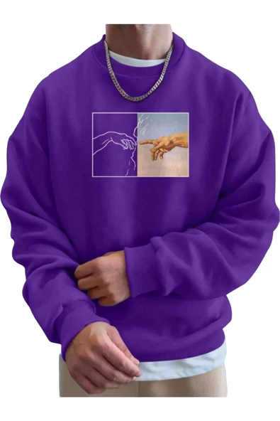 Erkek El Baskı Bisiklet Yaka Sweatshirt - 3