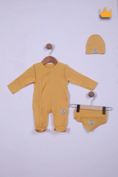 Babyhola 45cm Prematüre Serisi %100 Pamuk Dıştan Dikişli Boydan Çıtçıtlı Patikli Tulum Bere Önlük Takım 22416 - 3