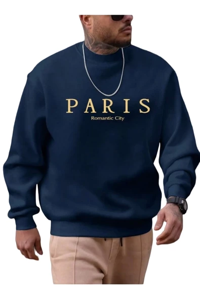 Erkek Petrol Mavi Paris Romantic City Baskılı Bisiklet Yaka Sweatshirt
