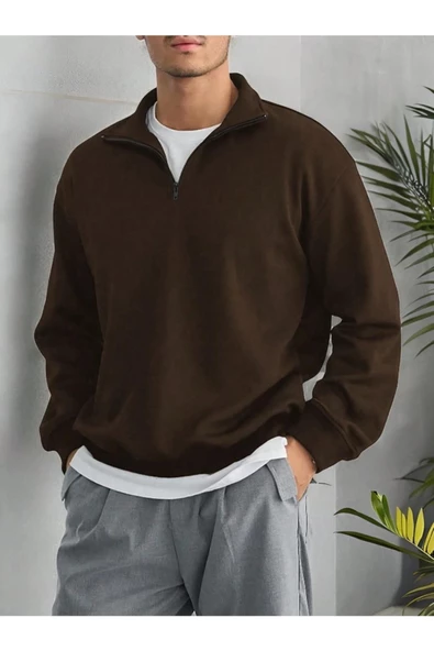 Erkek Yarım Fermuarlı Oversize Polo Yaka Sweatshirt - 9