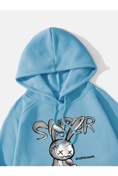 Tavşan Baskılı Oversize Kapüşonlu Sweatshirt - 2