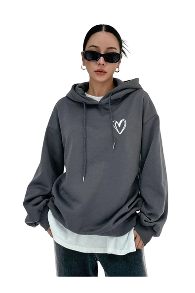 Unisex Füme Kalp Baskılı Oversize Kapşonlu Sweatshirt