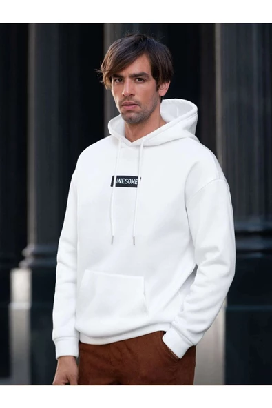 Erkek Awesome Baskılı Oversize Kapşonlu Sweatshirt - 7