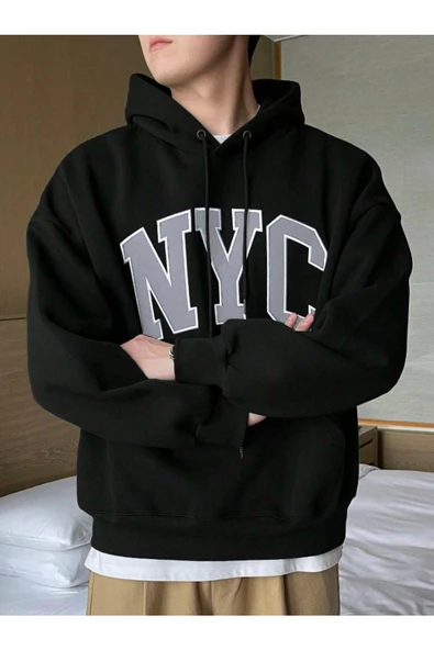 Erkek Siyah Nyc Baskılı Oversize Kapşonlu Sweatshirt - 4