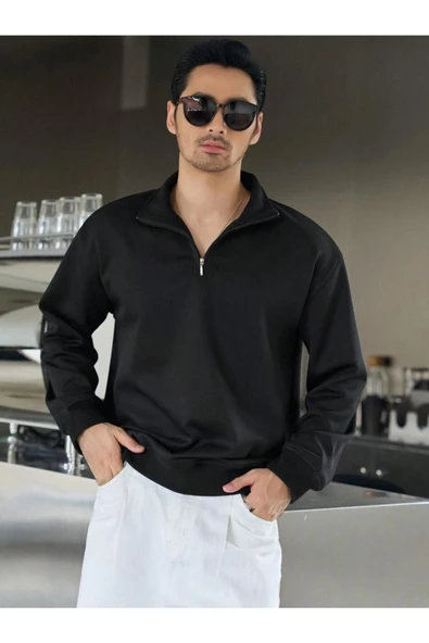 Erkek Yarım Fermuarlı Oversize Polo Yaka Sweatshirt - 8