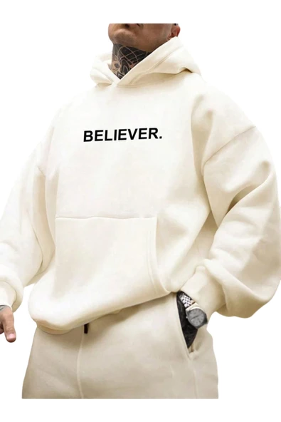 Erkek Believer Baskılı Oversize Kapşonlu Sweatshirt - 4