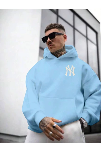 Erkek Ön Arka NY Baskılı Kapüşonlu Sweatshirt - Resim 9